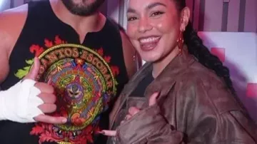 WWE Vanessa Hudgens Distressed Leather Jacket worn by (Vanessa Hudgens) in WWE Best of Raw 2024 Special
