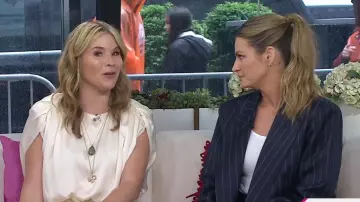 LaQuan Smith Pinstripe Double Breasted Oversize Boyfriend Blazer worn by Erin Andrews as seen in Today with Jenna & Friends on May 14, 2025