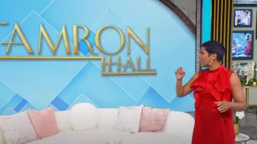 Sacai Ruffle Front Satin Maxi Dress worn by Tamron Hall as seen in Tamron Hall Show on May 12, 2025
