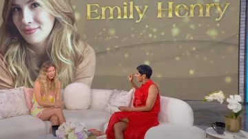 Trina Turk Cayley 2 Umbrella Jacquard Top worn by Emily Henry as seen in Tamron Hall Show on May 12, 2025