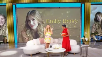 Trina Turk High Rise Rico Umbrella Jacquard Skirt worn by Emily Henry as seen in Tamron Hall Show on May 12, 2025