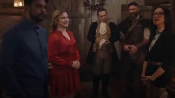 Maje Fluid, Pleated Satin Dress worn by Samantha Arondekar (Rose McIver) as seen in Ghosts (S04E22)