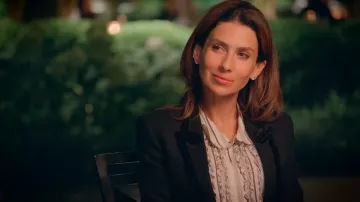 Stella McCartney Ruffle Detailed Striped Shirt worn by Hilaria Baldwin as seen in The Baldwins (S01E08)