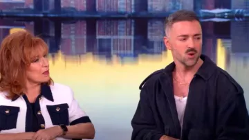 The Frankie Shop Viper Suede Jacket worn by Matteo Lane as seen in The View on May 15, 2025