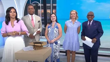 Veronica Beard Coralee Top in Barely Orchid worn by Laura Jarrett as seen in Today on May 15, 2025