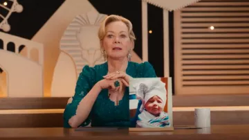 Tadashi Shoji Bell-Sleeve Sequin Lace Dress worn by Deborah Vance (Jean Smart) as seen in Hacks (S04E07)