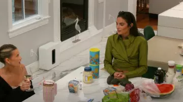 Gauge81 Green Linen Wrap Top worn by Paige DeSorbo as seen in Summer House (S09E14)