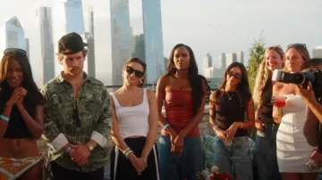 Rick Owens Red Coated Denim Strapless Top worn by Ciara Miller as seen in Summer House (S09E14)