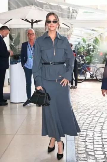 Self-Portrait Grey Twill Midi Dress worn by Barbara Palvin in Cannes on May 16, 2025