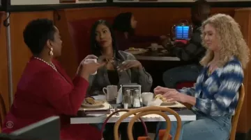 Karen Kane Tie Dye Drape Front Satin Top worn by  Jan Morgan(Jerri Tubbs) as seen in Beyond the Gates (S01E44)