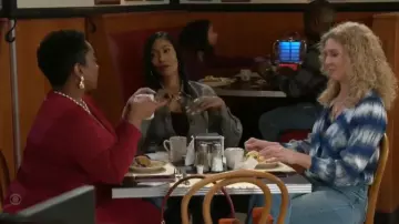 Karen Kane Tie Dye Drape Front Satin Top worn by  Jan Morgan(Jerri Tubbs) as seen in Beyond the Gates (S01E44)