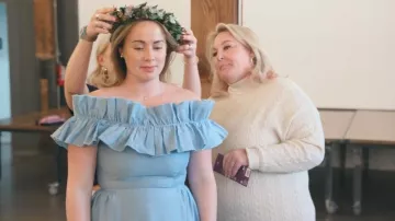 Sister Jane Light Blue Ruched Off The Shoulder Maxi Dress worn by Whitney Leavitt as seen in The Secret Lives of Mormon Wives (S02E05)