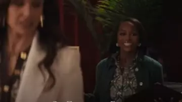 Talbots Ruffle Mockneck Cardigan in Highland Green worn by Catherine (Aja Naomi King) as seen in Grosse Pointe Garden Society (S01E11)