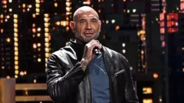 Amazon Upfronts Dave Bautista Black Leather Jacket worn by Dave Bautista in HOT TAKES from Amazon Upfronts ????