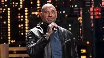 Amazon Upfronts Dave Bautista Black Leather Jacket worn by Dave Bautista in HOT TAKES from Amazon Upfronts ????