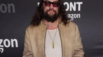 Amazon Upfronts Jason Momoa Distresses Leather Jacket worn by Jason Momoa in HOT TAKES from Amazon Upfronts ????