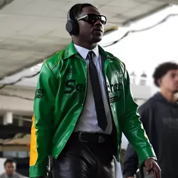 Super Bowl LIX Green Leather Jacket of Damar Hamlin on the Instagram account @voguemagazine
