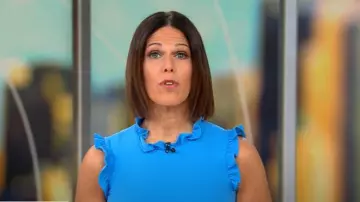 Maggy London Ruffle Mock Neck Sheath Dress worn by Dana Jacobson as seen in CBS Mornings on May 25, 2025
