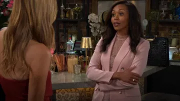 Bar III Satin One-Button Blazer in Desert Rose worn by Amanda Sinclair ( Mishael Morgan) as seen in The Young and the Restless on May 16, 2025