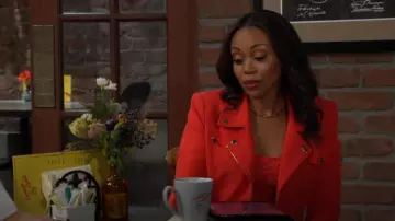 Generation Love Selah Crepe Moto Jacket worn by Amanda Sinclair (Mishael Morgan) as seen in The Young and the Restless on May 22, 2025