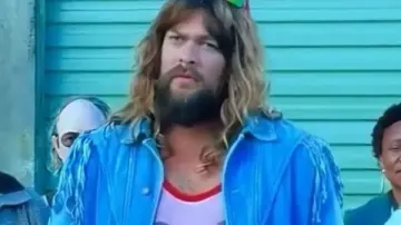 A Minecraft Movie 2025 Jason Momoa Blue Fringe Jacket of Garrett (Jason Momoa) in A Minecraft Movie