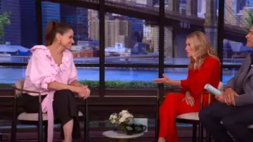 Patou Iconic Bow Detail Ruffled Cotton Blouse worn by Amanda Peet as seen in LIVE with Kelly and Mark on May 26, 2025