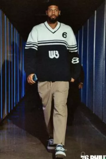 Wales Bonner White & Navy Varsity Sweater worn by Paul George on the Instagram account @sixers