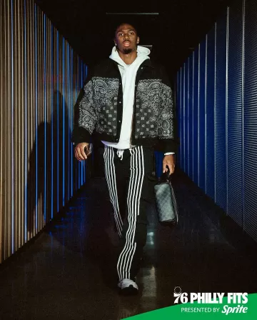 Amiri Black MA Paisley Padded Denim Jacket worn by Tyrese Maxey on the Instagram account @sixers