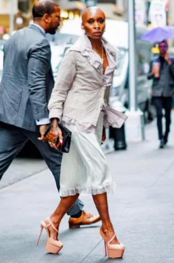 Maison Margiela Ruched Hybrid Check Button Down Blouse worn by  Cynthia Erivo in New York City on May 28, 2025