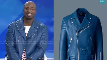 Blue Leather Moto Jacket of Akbar Gbaja-Biamila in Today
