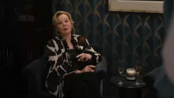 Roberto Cavalli Sheer Silk Animal Print Ruffle Blouse worn by Deborah Vance (Jean Smart) as seen in Hacks (S04E10)