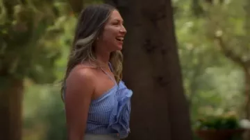 Na-Kd Blue Pinstripe Flower Appliqué Top worn by Stassi Schroeder as seen in Vanderpump Villa (S02E01)
