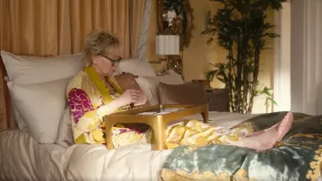 Natori Yellow Floral Print Satin Robe. worn by Deborah Vance (Jean Smart) as seen in Hacks (S04E10)