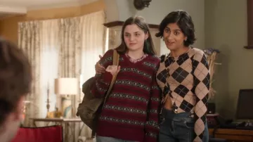 Urban Outfitters Beige Argyle Knit Cardigan worn by Issa (Amita Rao) as seen in Adults (S01E07)