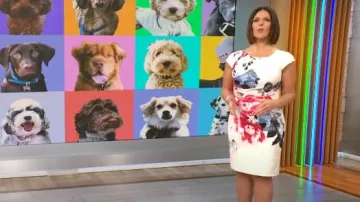 White House Black Market Cap Sleeve Floral Draped Sheath Dress worn by Dana Jacobson as seen in CBS Mornings on June 1, 2025