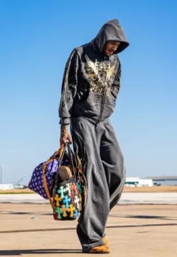 Pantalones de chándal Balenciaga Washed Black Tacky Tattoo Print usados por Jalen Green en la cuenta de Instagram @houstonrockets