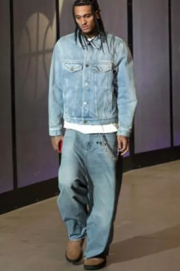 Louis Vuitton Light Wash Blue Staples Edition Denim Jacket worn by Jordan Clarkson on the Instagram account @nbafashionfits