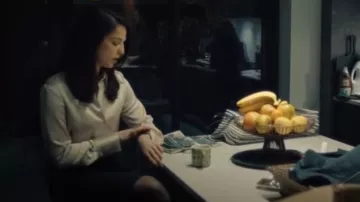 Vince Silver Silk blouse worn by Yasmin Kara-Hanani (Marisa Abela) as seen in Industry (S03E01)