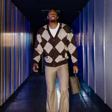 Bound Brown & Beige Argyle Cardigan worn by Tyrese Maxey on the Instagram account @sixers
