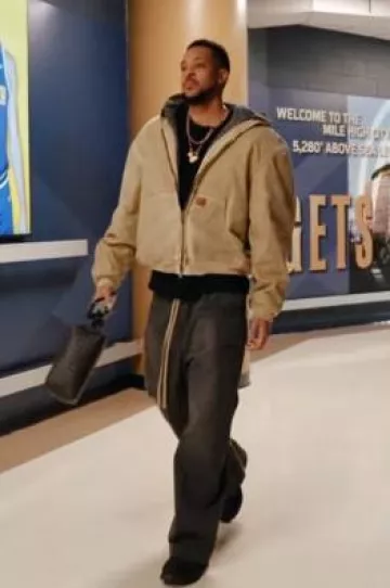 Alexander Wang Beige Weathered Workwear Jacket worn by CJ McCollum on the Instagram account @nbafashionfits