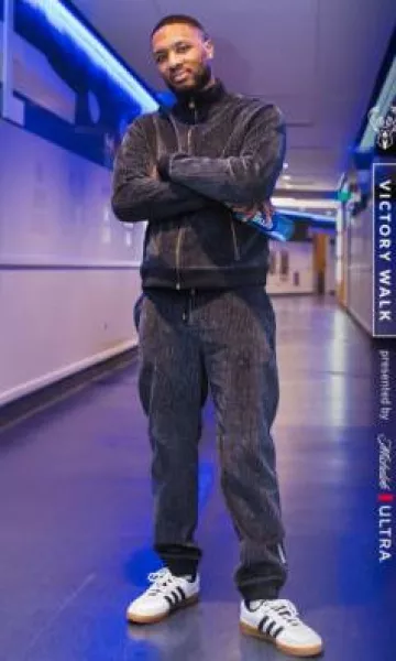 Louis Vuitton x Park Seo Bo Grey Corduroy Trackpants worn by Damian Lillard on the Instagram account @sixers