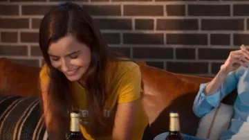 H&M Short sleeved Yellow T shirt with California 1973 Print worn by Margareta Millkvist (Izabella Scorupco) as seen in Barracuda Queens (S02E01)