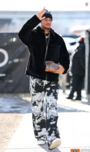 Off White Black Allover Bling Print Carpenter Jeans worn by Patrick Surtain II on the Instagram account @broncos