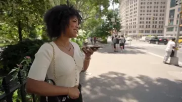 Sandro Cecilia Short Sleeve Ribbed Cardigan Sweater worn by Riley Burruss as seen in Next Gen NYC (S01E02)