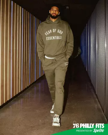 Fear Of God Military Green Logo Fleece Hoodie worn by Paul George on the Instagram account @sixers