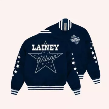 Lainey Wilson Dallas Texas Blue Varsity Jacket of Lainey Wilson on the Instagram account @laineyshillbillyhippies