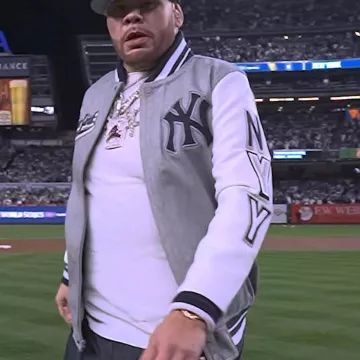 Fat Joe New York Yankees Grey Varsity Jacket worn by Fat Joe on the Instagram account @mlbonfox