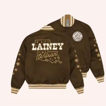 Lainey Wilson Baskin Louisiana Brown Varsity Jacket of Lainey Wilson on the Instagram account @laineyshillbillyhippies