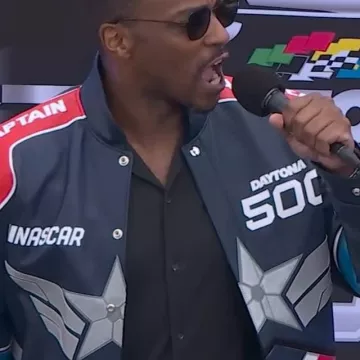 Nascar Cup Series Daytona 500 Anthony Mackie Leather Jacket worn by Anthony Mackie on the Instagram account @nascar