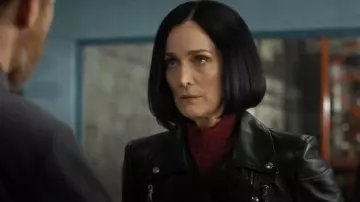Alexander McQueen Peplum Leather Jacket worn by Greta Nelso(Carrie-Anne Moss) as seen in FUBAR (S02E05)
